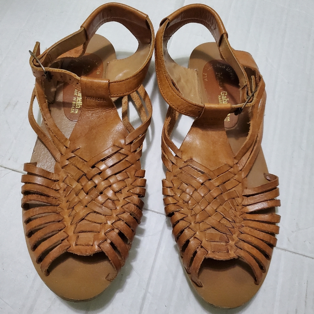 Maria Gabriella Boho Lagenlook Tan Woven Leather Sandals Made In Brazil 8.5M